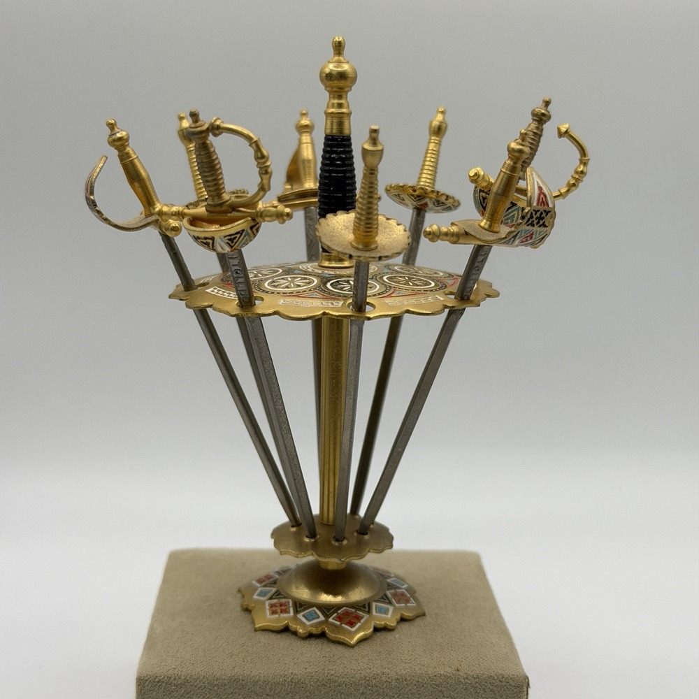Vintage Toledo Sword Cocktail Toothpick Stand w/ 8 Swords Vintage Gold Spain